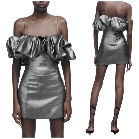 Zara Dresses & Skirts - Zara Metallic Silver Voluminous Mini Ruffle Neckline Bodycon Dress 7707/308